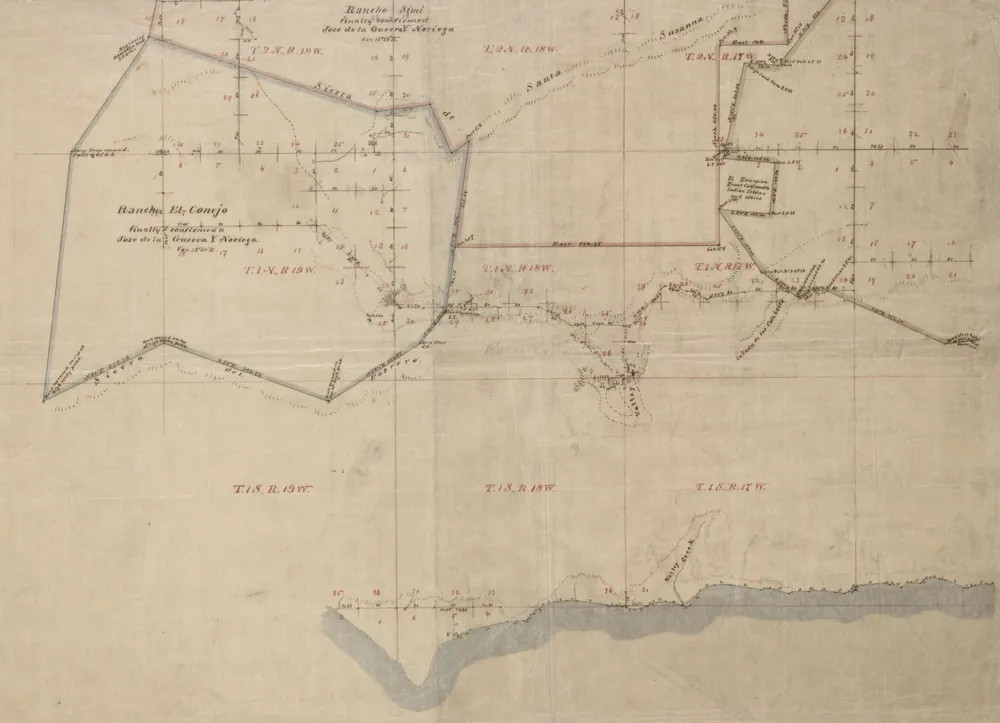 Hand-drawn 1850s survey map of a Spanish-era land grant with roads and boundary lines